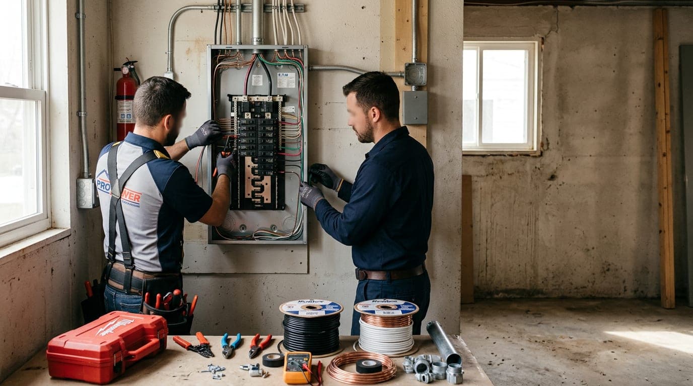Two electricians installing an electrical panel in a residential home, showing professional workmanship and attention to detail.