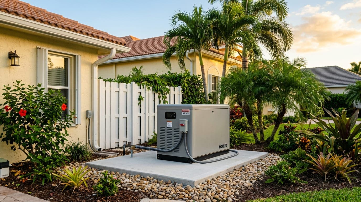 A residential whole-house generator properly installed and mounted outside a home, displaying professional electrical work.