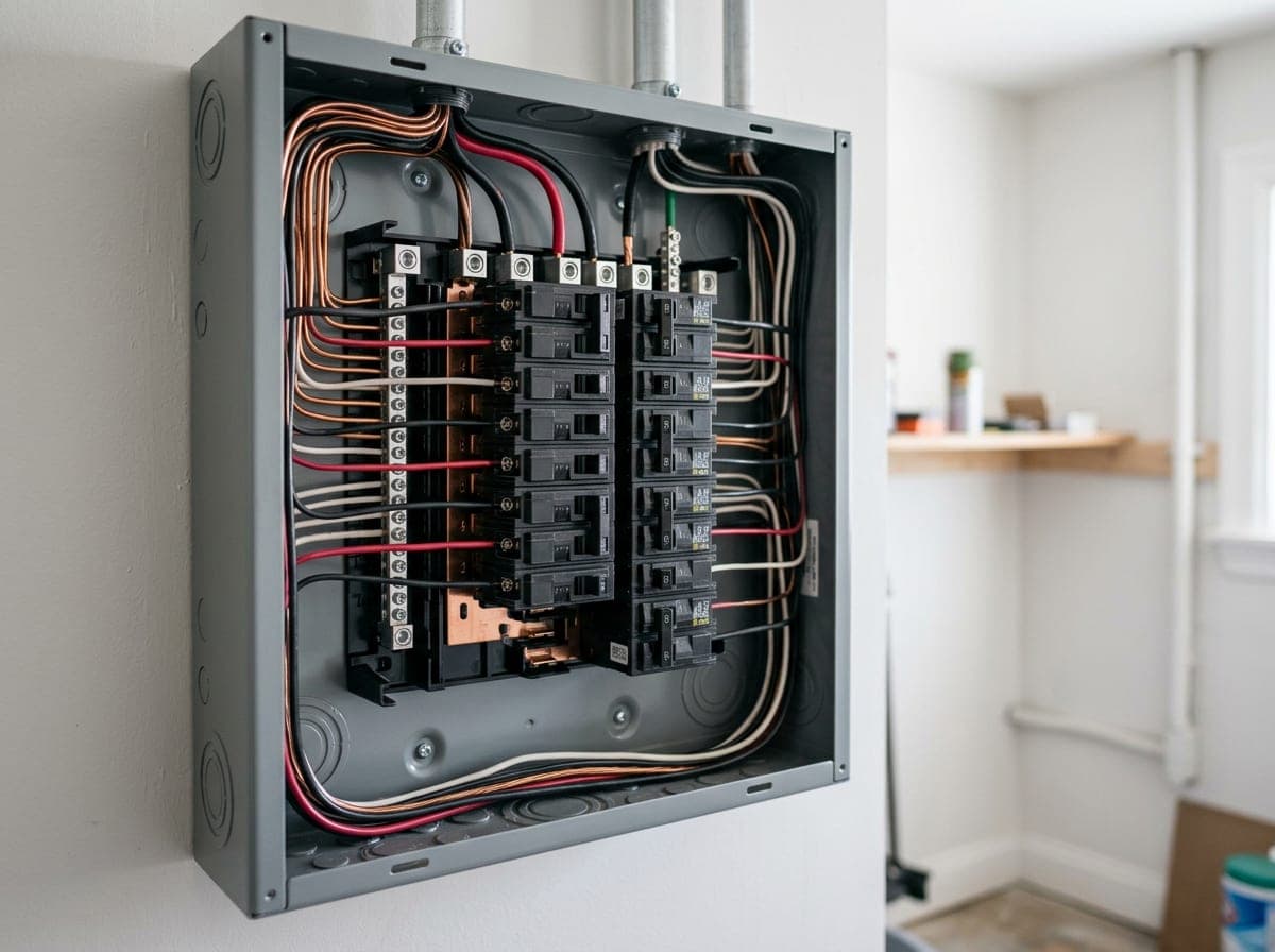 A detailed view of an organized residential electrical panel with properly labeled breakers and clean connections.